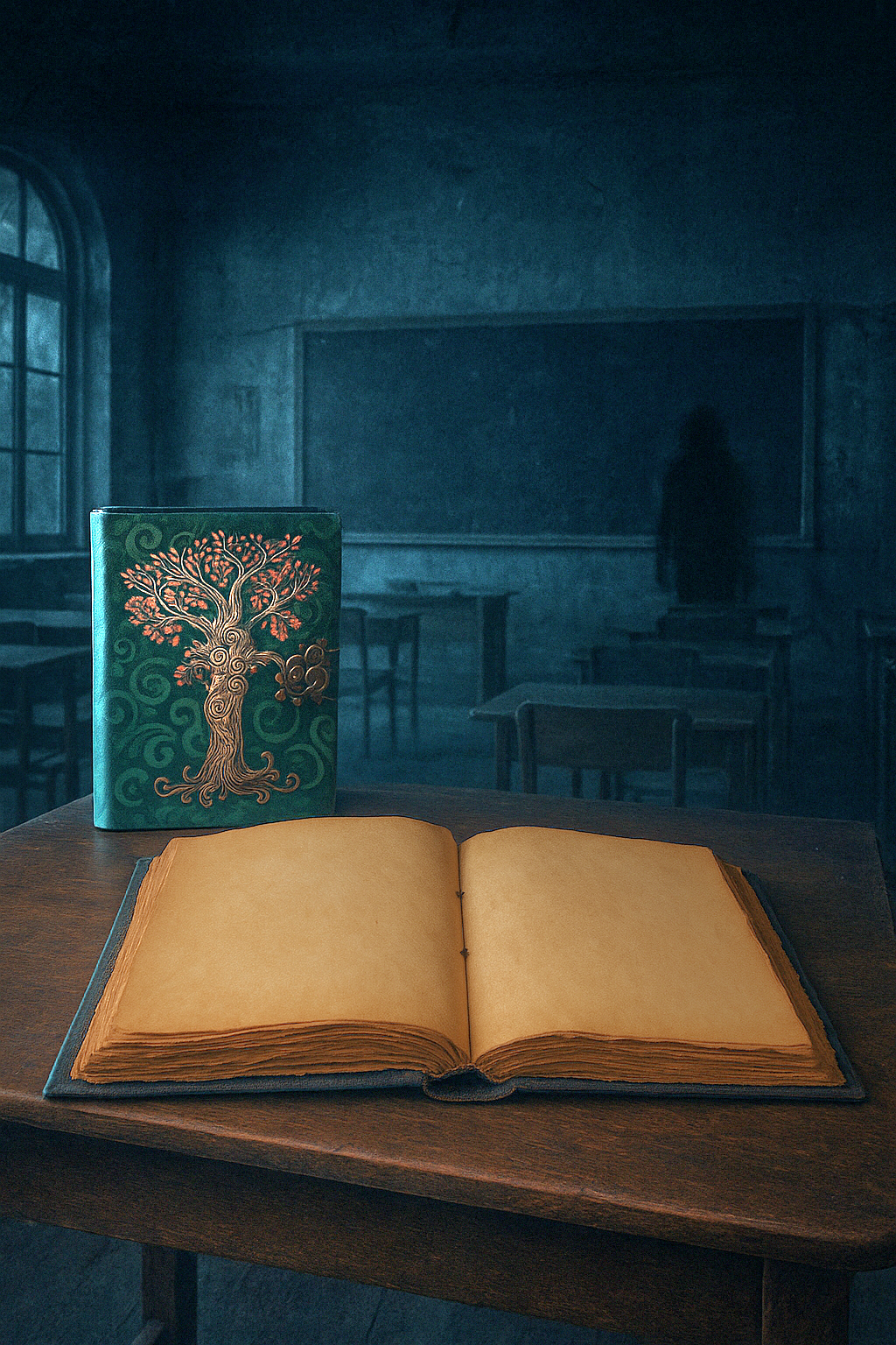 Open book on a table with a decorative green cover in a dimly lit room.