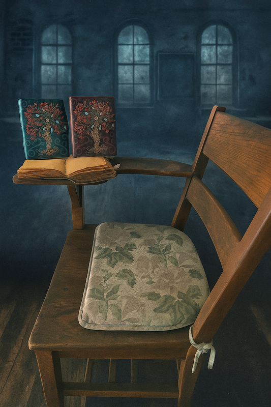 Gothic Notebooks that look like spellbooks with antique paper in a spooky classroom on a desk