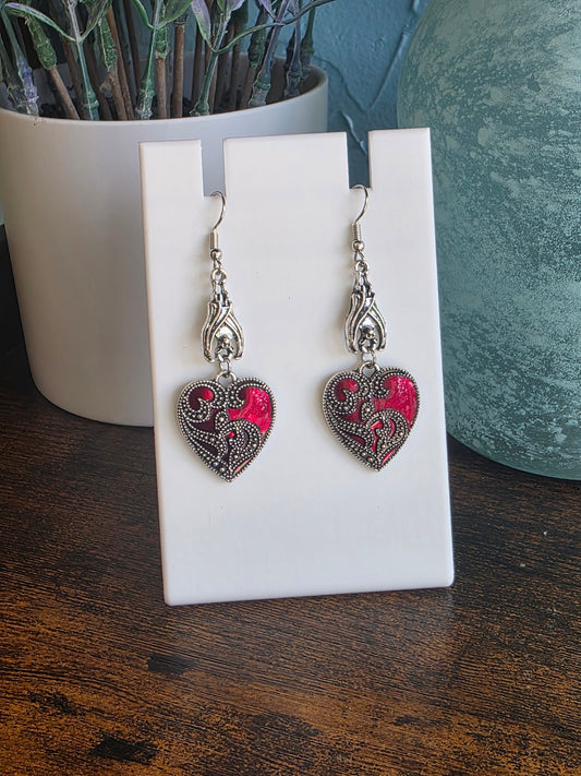 Silver bat dangle earrings with embelished heart drop. Halloween set. 