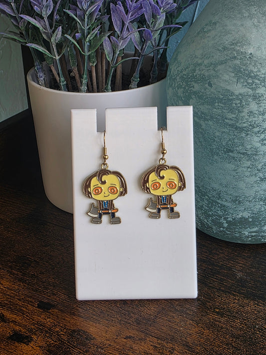 Halloween earrings depicting "Johnny" The Shining Character.