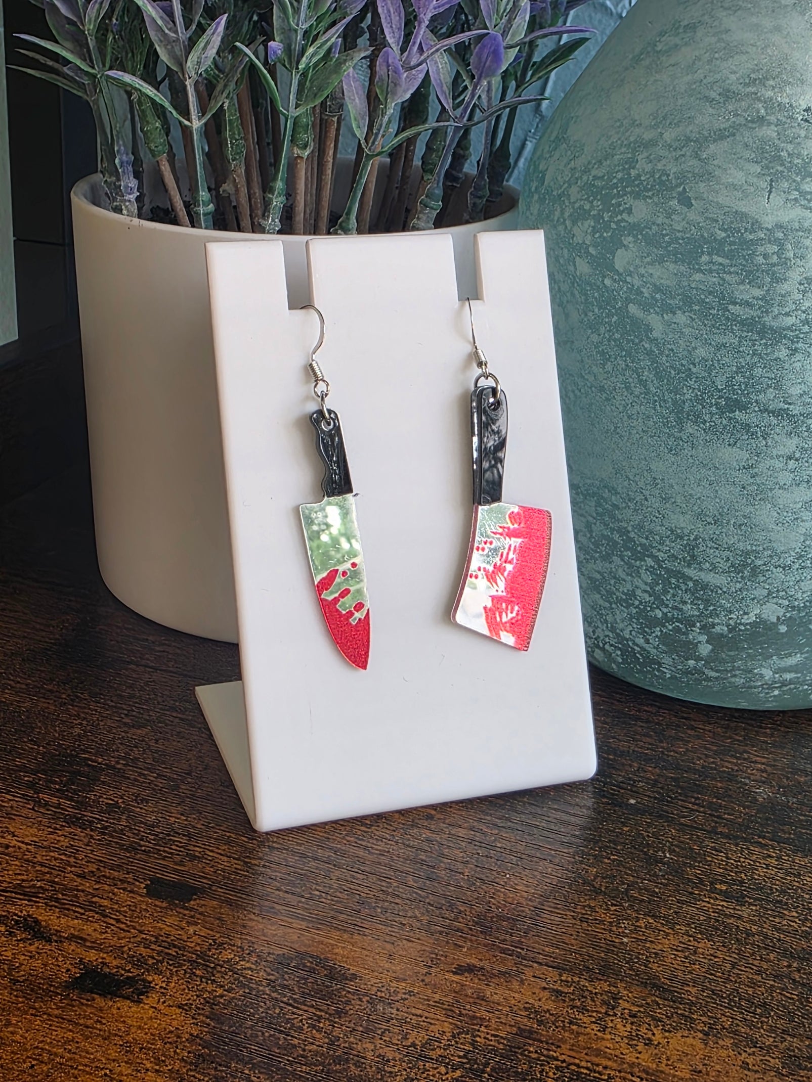 Halloween earrings with mismatch bloody knife and cleaver