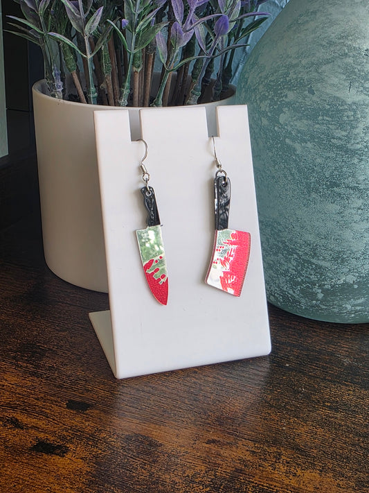 Halloween earrings with mismatch bloody knife and cleaver