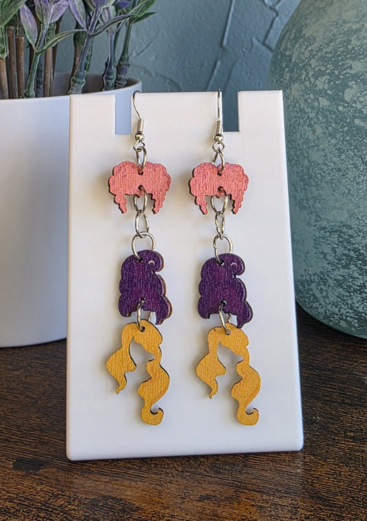 Pair of earrings with red, purple and yellow hair based on Hocus Pocus