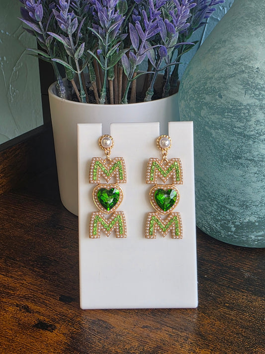 Jeweled Mom dangle earrings with green jewels