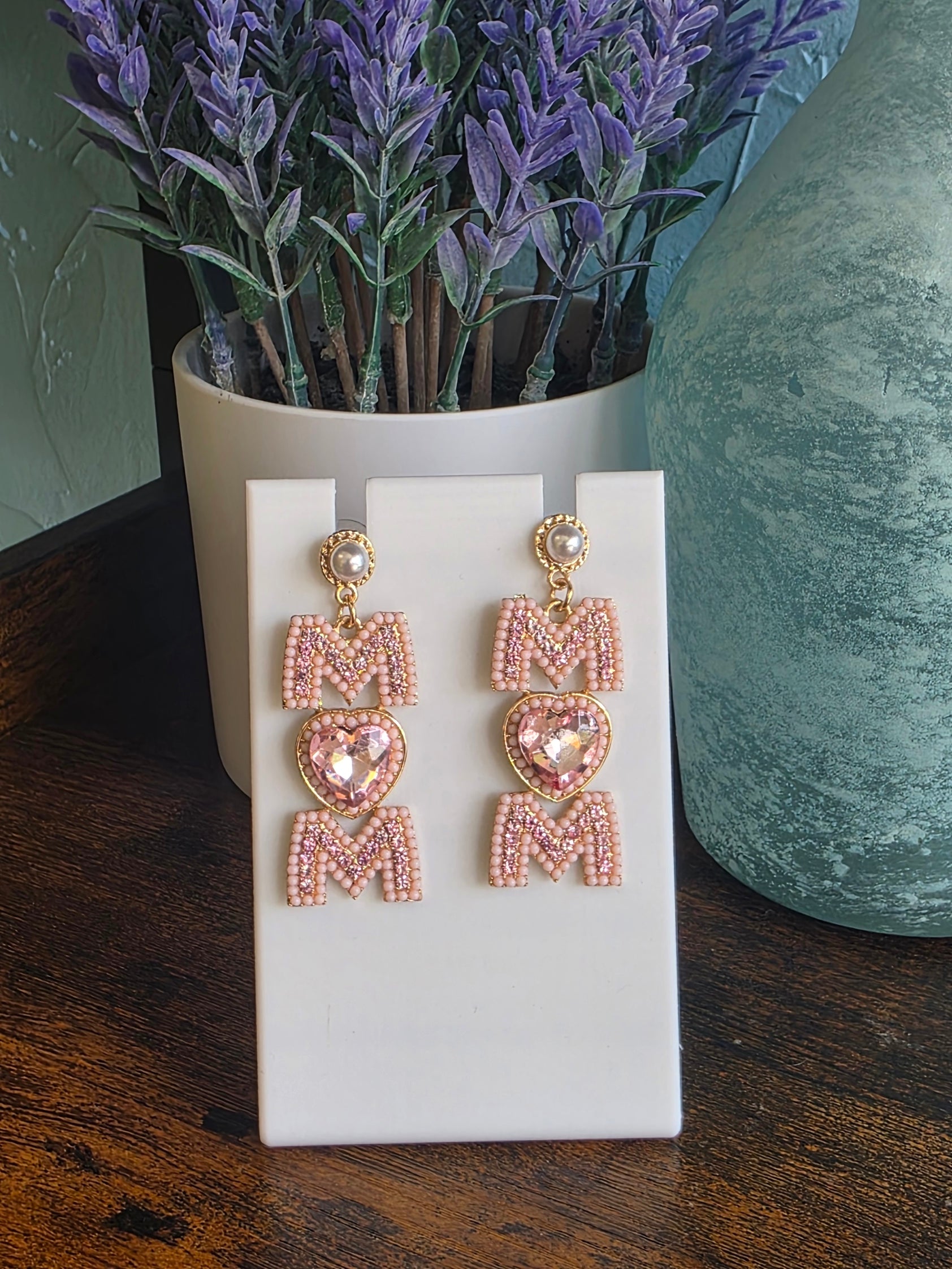 Mother's Day Earrings Pink Jeweled Mom Dangles – Handmade Gifts