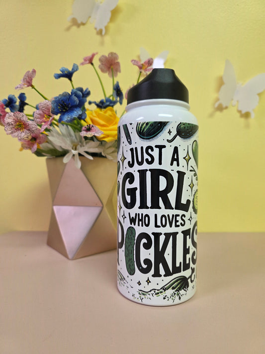 Water bottle with text 'Just a girl who loves pickles' on a yellow background with flowers and a box.