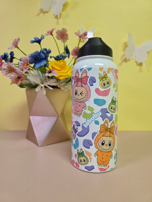 Children's water bottle with cartoon characters on a yellow and pink background