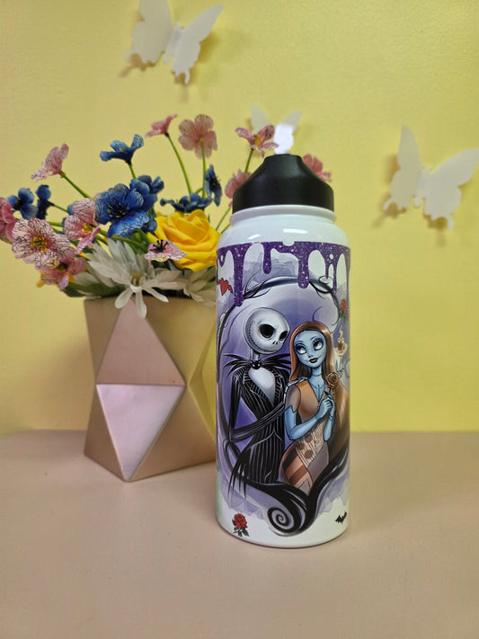 Water bottle with a design of a couple on a yellow and beige background with flowers.