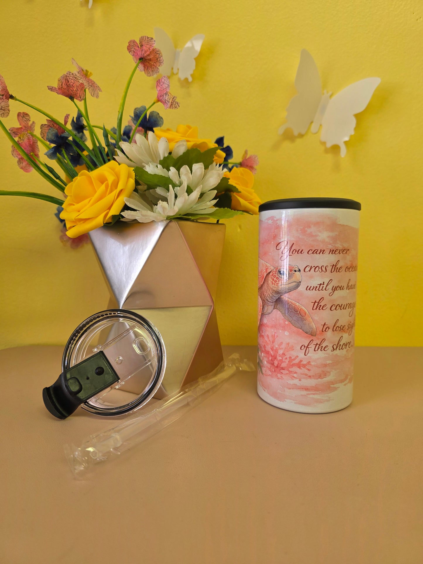 14oz insulated stainless steel tumbler with Pink Watercolor Sea Turtle design, lid, and straw