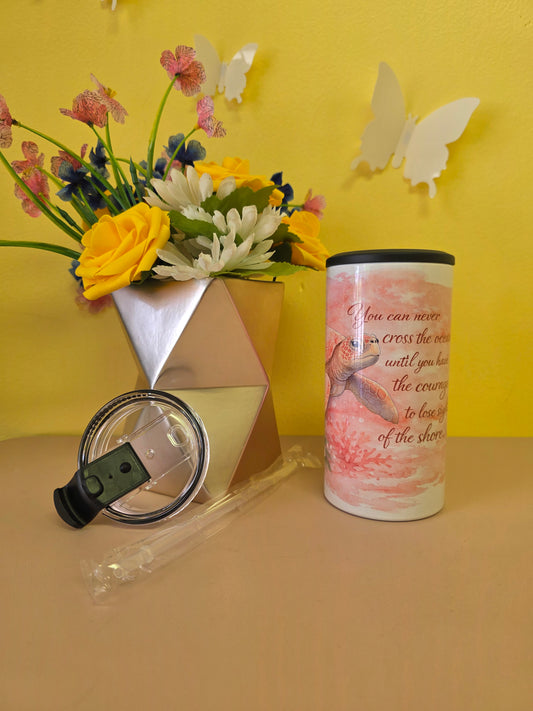 14oz insulated stainless steel tumbler with Pink Watercolor Sea Turtle design, lid, and straw