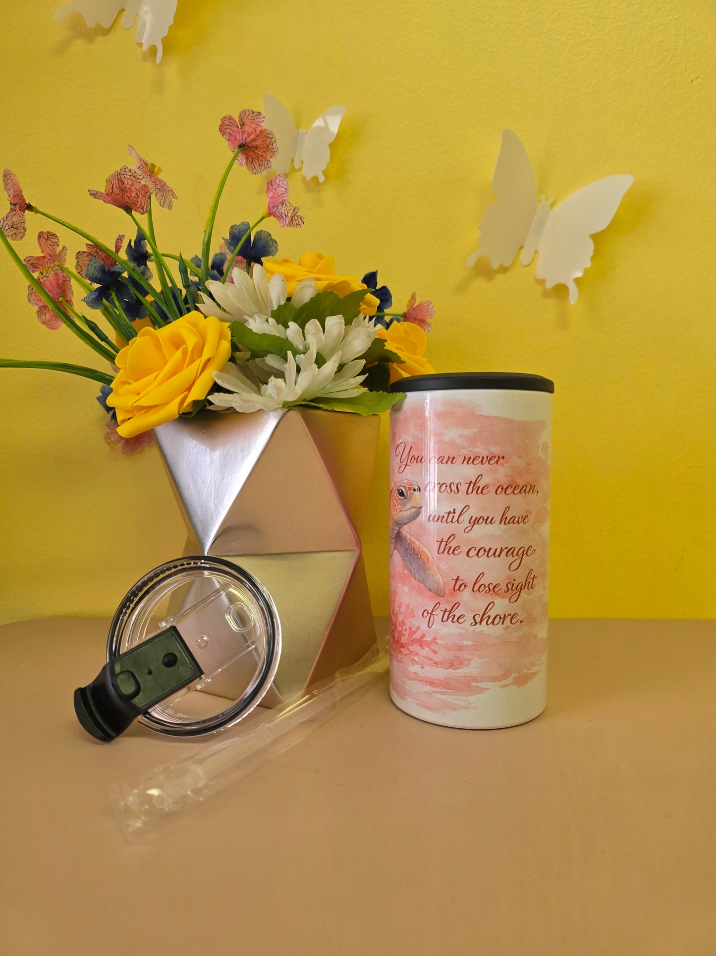 14oz insulated stainless steel tumbler with Pink Watercolor Sea Turtle design, lid, and straw