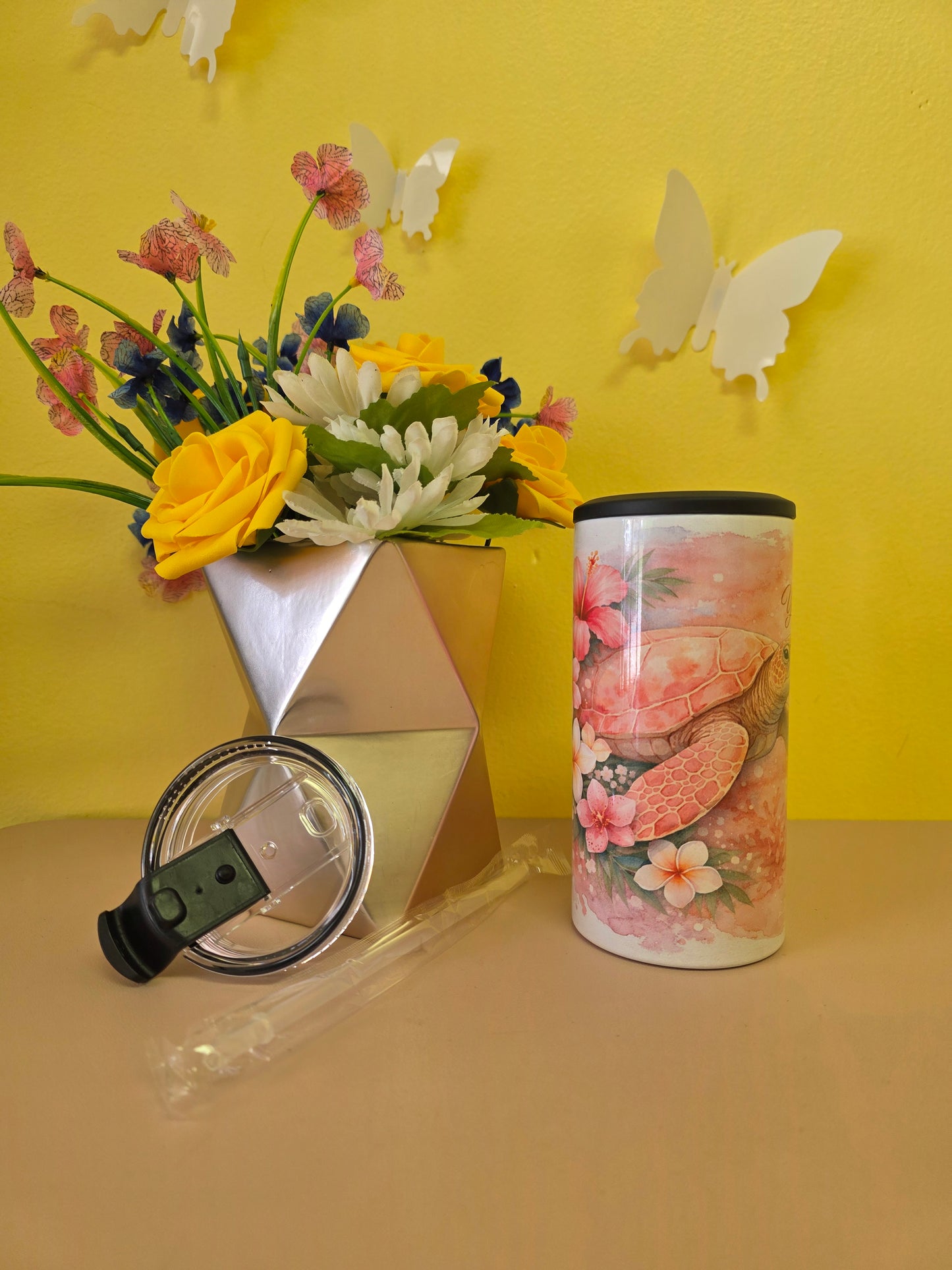 14oz insulated stainless steel tumbler with Pink Watercolor Sea Turtle design, lid, and straw