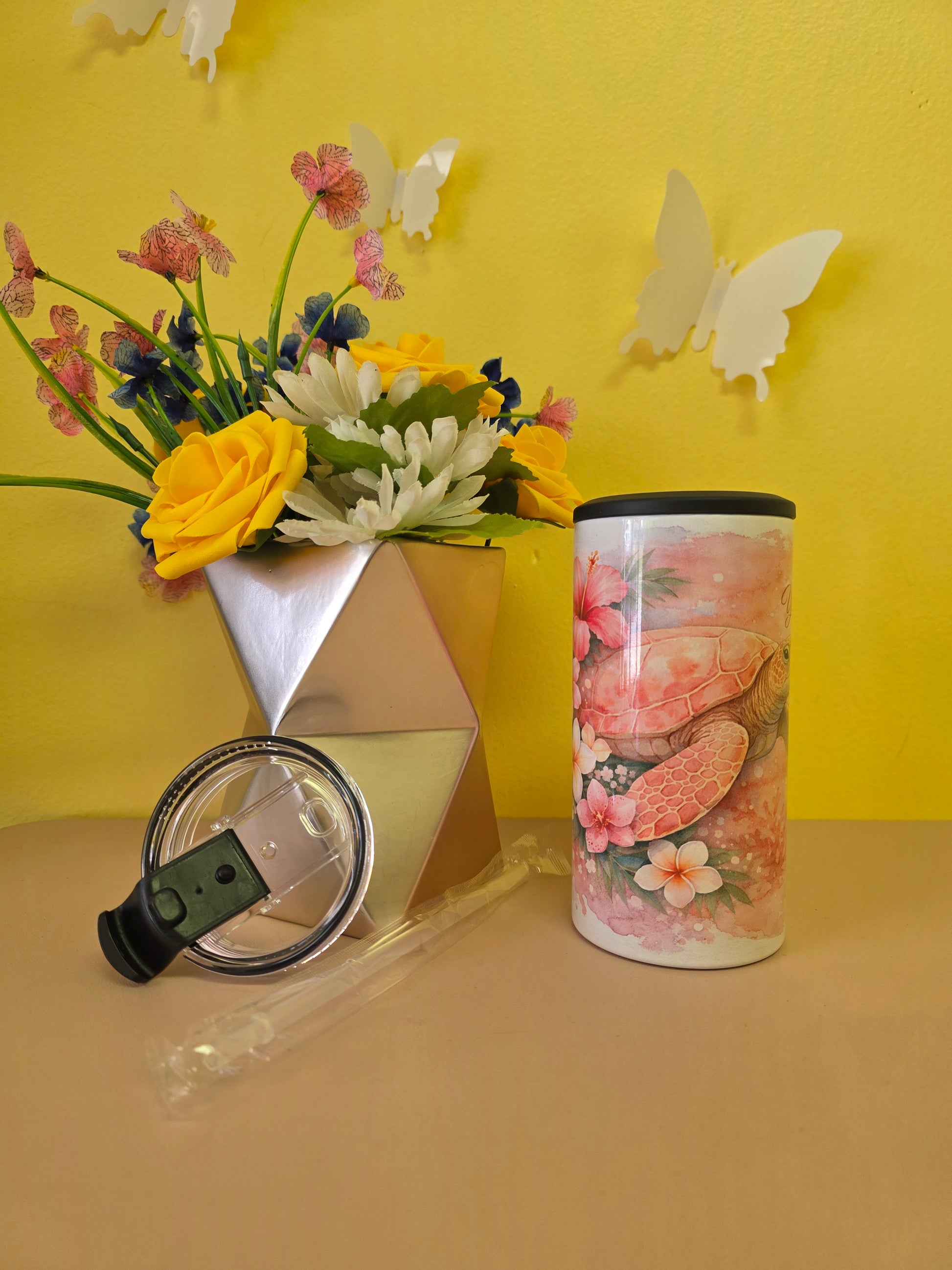 14oz insulated stainless steel tumbler with Pink Watercolor Sea Turtle design, lid, and straw