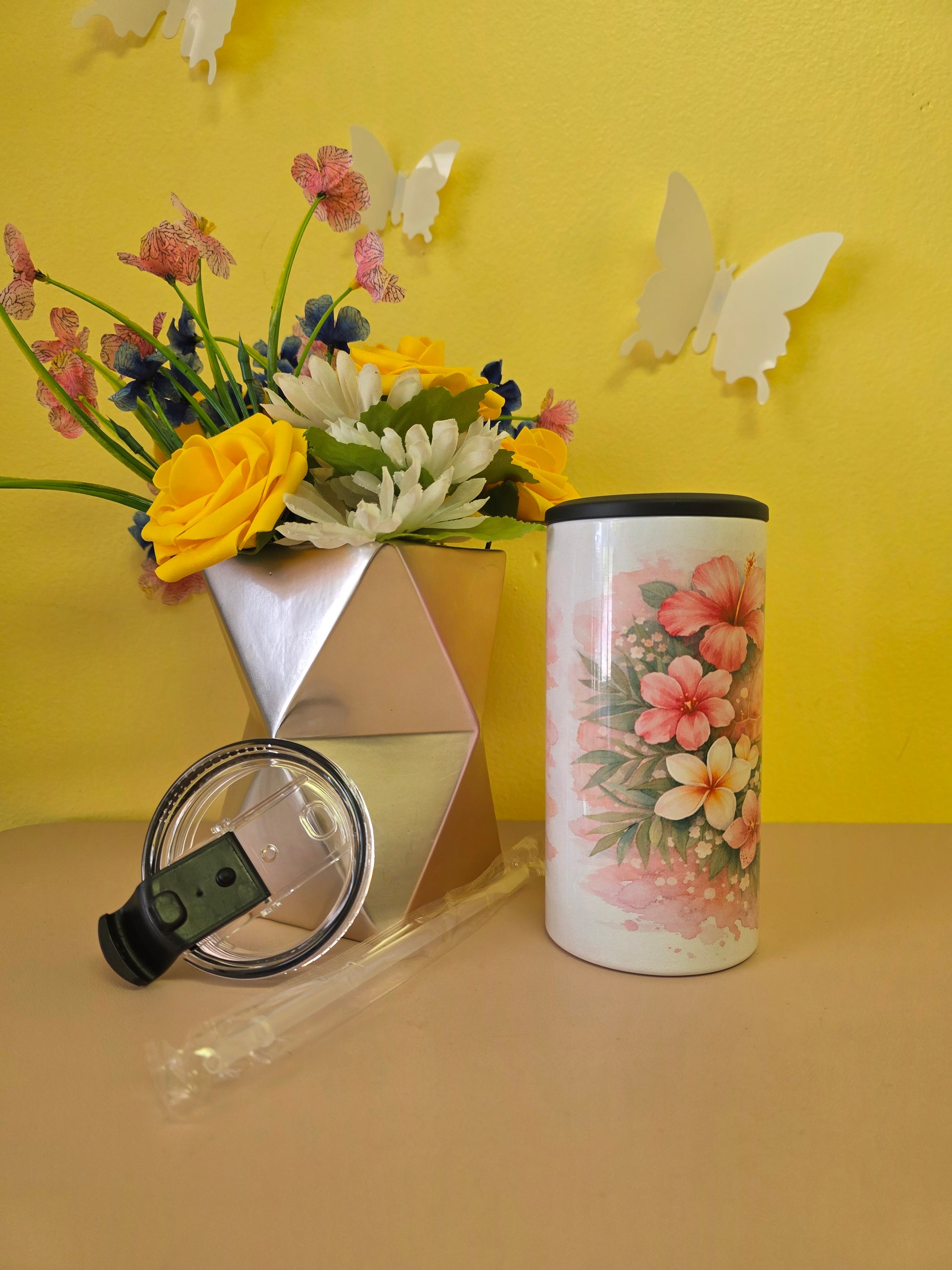 14oz insulated stainless steel tumbler with Pink Watercolor Sea Turtle design, lid, and straw
