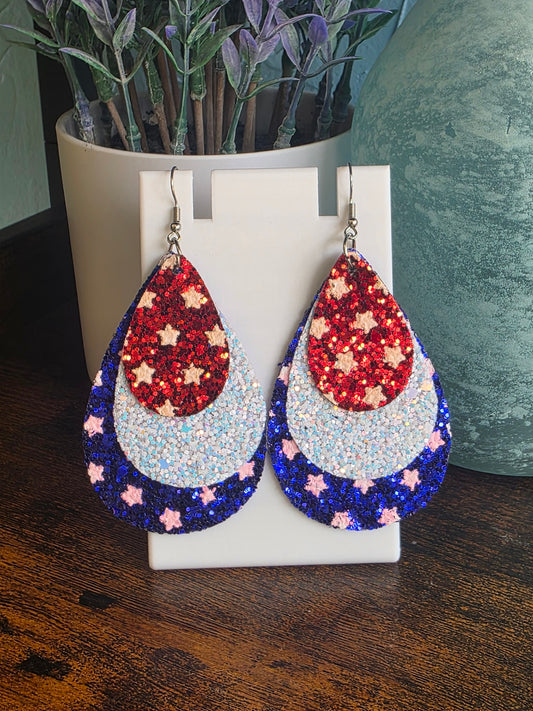 Teardrop-shaped earrings with sequin red, white and blue layers for Independence Day