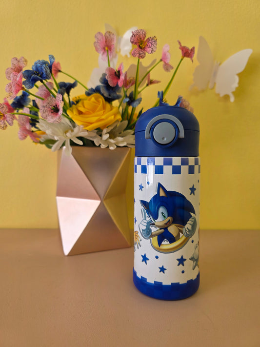 Decorative water bottle with cartoon character on a yellow background with flowers