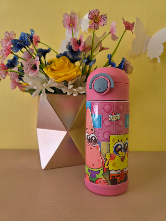 Colorful cartoon-themed water bottle with flowers on a yellow background