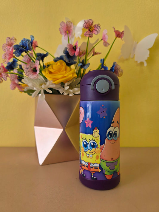 Colorful children's thermos with cartoon design on a yellow background