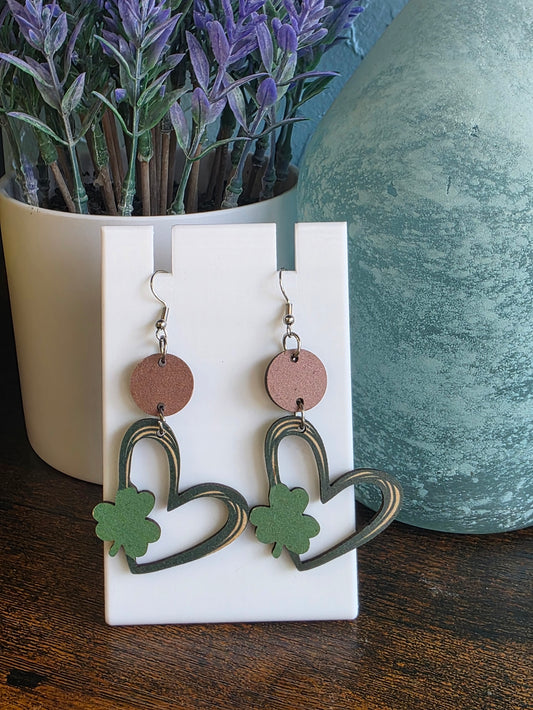 St. Patrick's Day Wooden Heart Dangle Earrings
