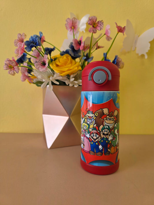 Colorful cylindrical container with cartoon characters on a yellow background with flowers.