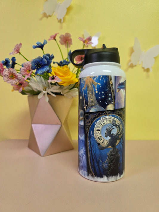 Decorative water bottle with artistic design on a yellow surface with flowers and geometric shapes.