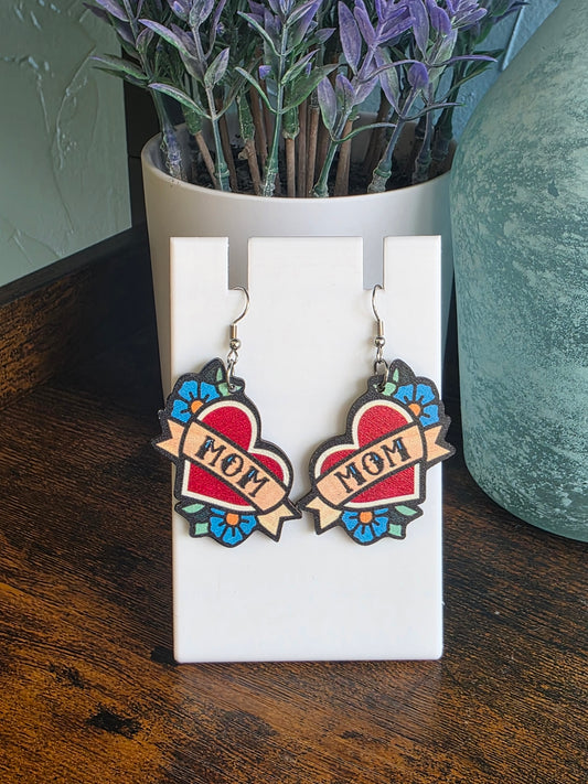 Wooden tattoo heart MOM dangle earrings 