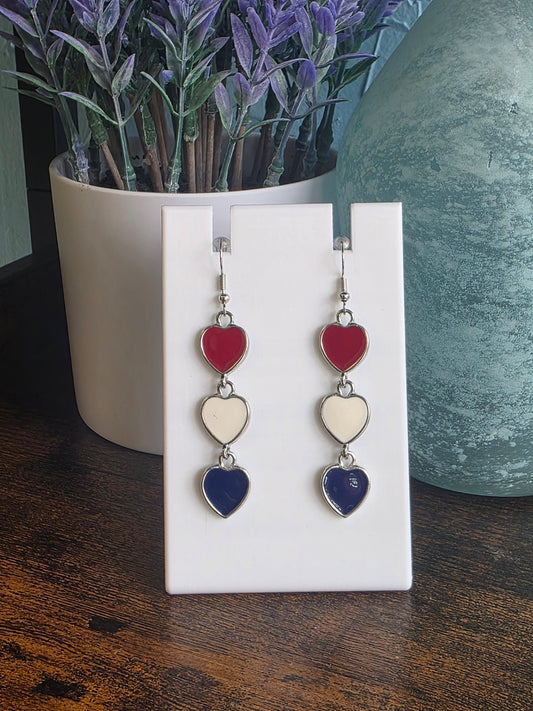 Red, white and blue heart dangle earrings for Independence Day