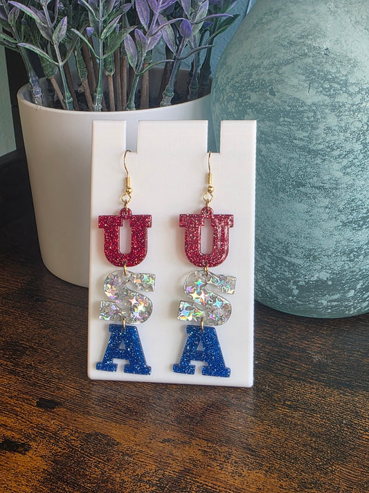 Red, white and blue U.S.A. dangle earrings for Independence Day