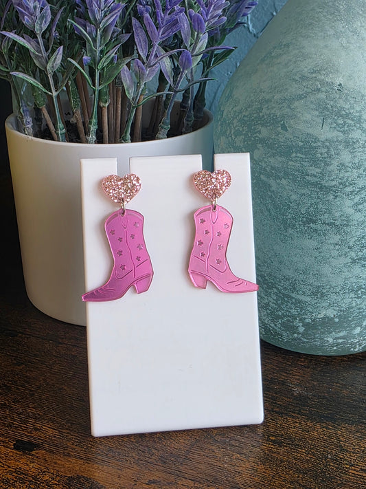 Valentine's Day Pink heart cowgirl boot earrings