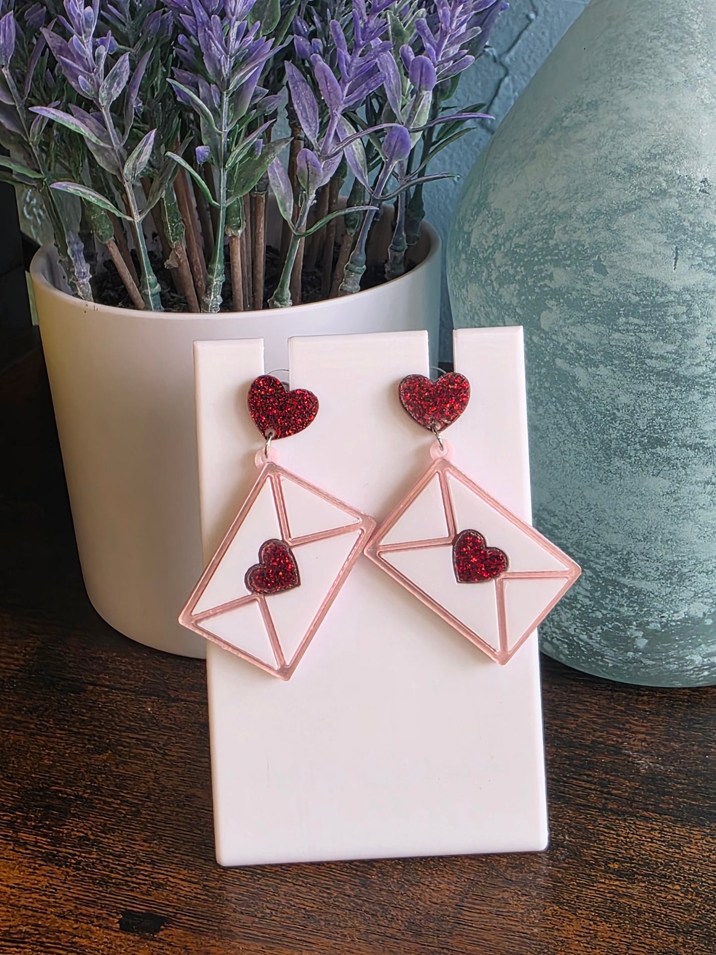 Valentine's Day Pink Love letter dangle earrings.
