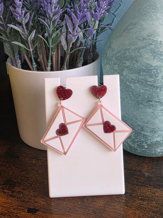 Valentine's Day Pink Love letter dangle earrings.

