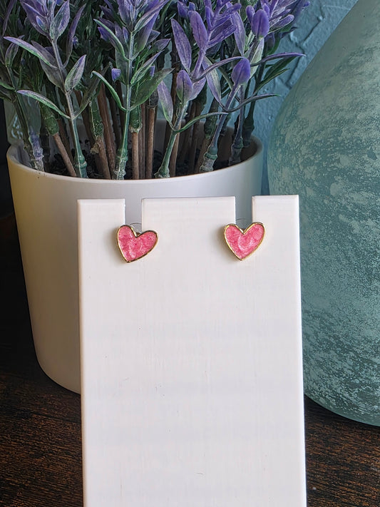 Valentine's Day pink heart stud earrings with gold trim