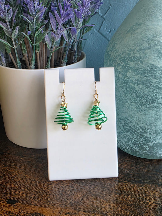 Green spiral Christmas tree earrings